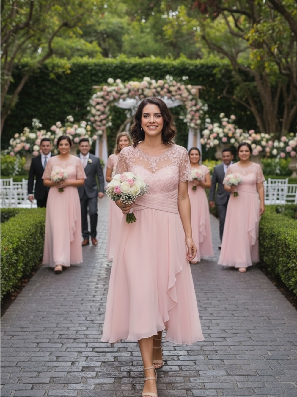 Convertible Lace Bodice Midi Dress in Blush Pink